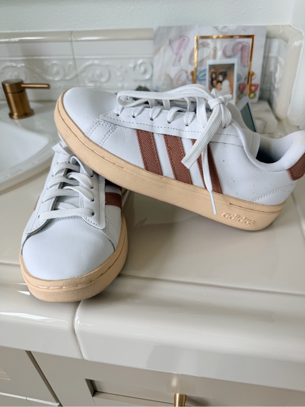 adidas White Sneakers with taupe Accents